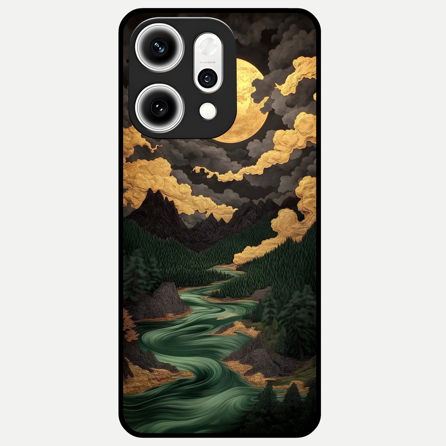  Golden River Moon Glass Case For Oppo Reno 14 Pro back cover – full design glossy printed glass finish