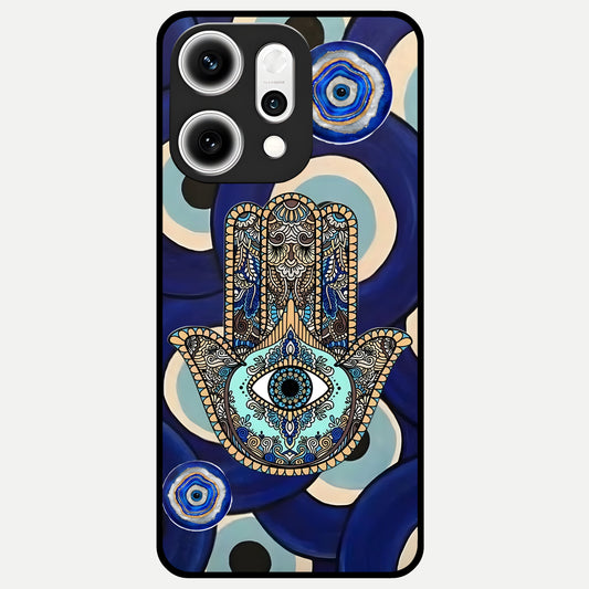  Hamsa Divine Guard Glass Case For Oppo Reno 14 Pro back cover – full design glossy printed glass finish