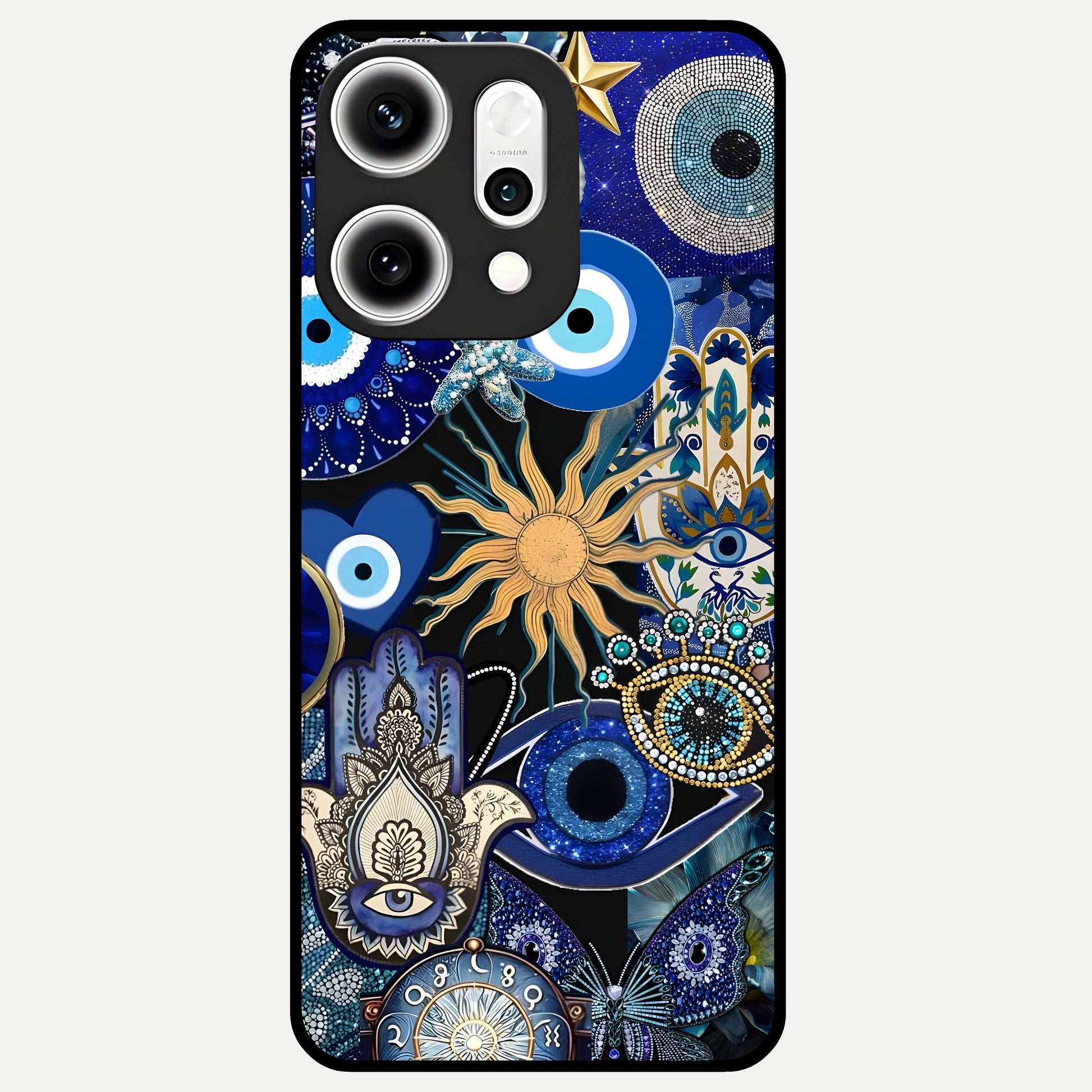  Mystic Blue Evil Eye Glass Case For Oppo Reno 14 Pro back cover – full design glossy printed glass finish