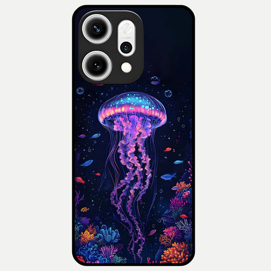  Neon Jellyfish Glass Case For Oppo Reno 14 Pro back cover – full design glossy printed glass finish