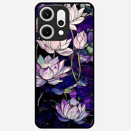  Purple Lotus Pattern Glass Case For Oppo Reno 14 Pro back cover – full design glossy printed glass finish