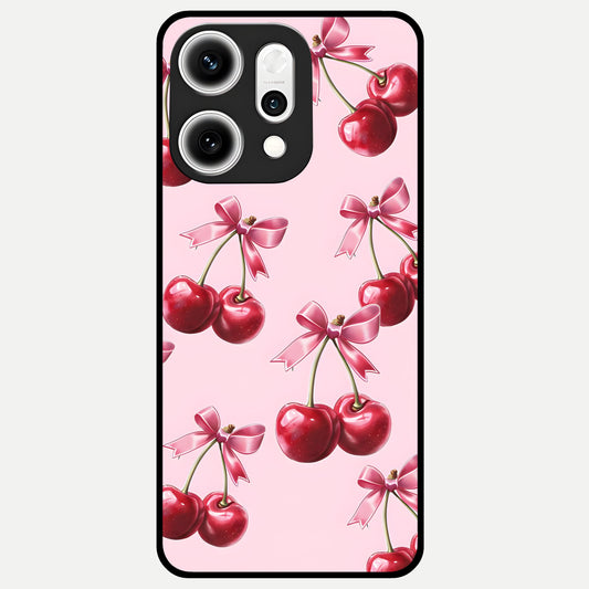 Red Cherries Pattern Glass Case For Oppo Reno 14 Pro back cover – full design glossy printed glass finish