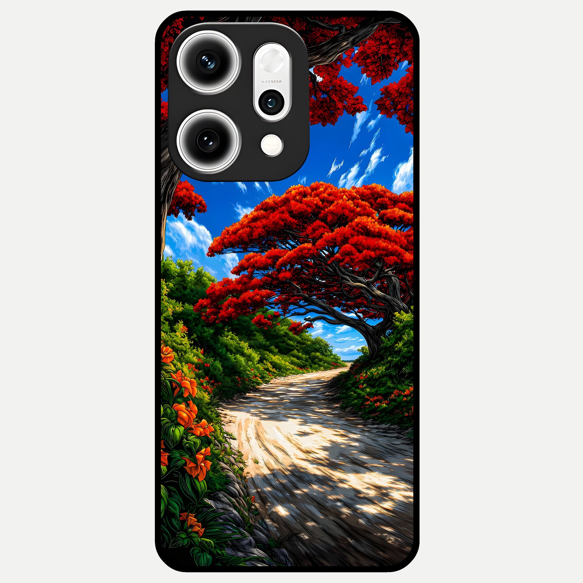  Red Trees Pathway Glass Case For Oppo Reno 14 Pro back cover – full design glossy printed glass finish