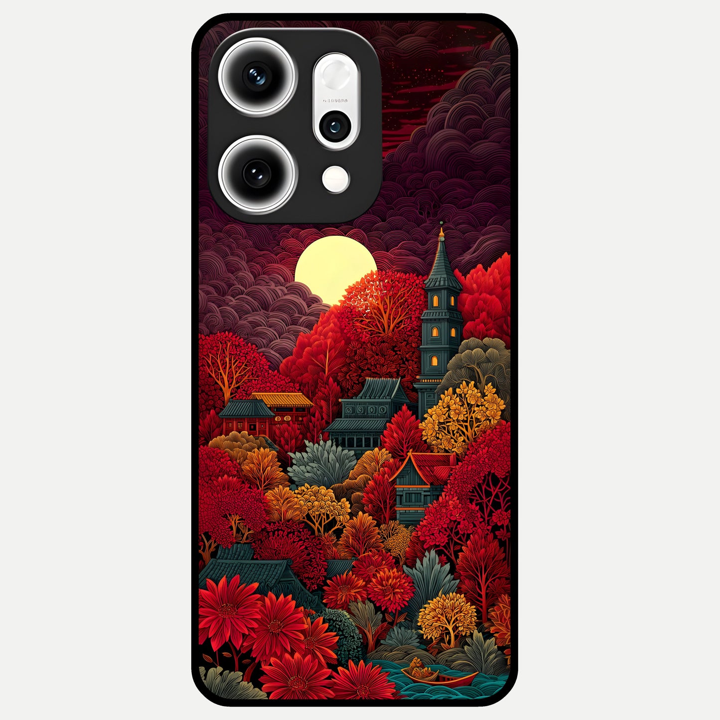  Scarlet Autumn Temple Glass Case For Oppo Reno 14 Pro back cover – full design glossy printed glass finish