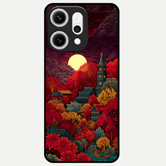  Scarlet Autumn Temple Glass Case For Oppo Reno 14 Pro back cover – full design glossy printed glass finish
