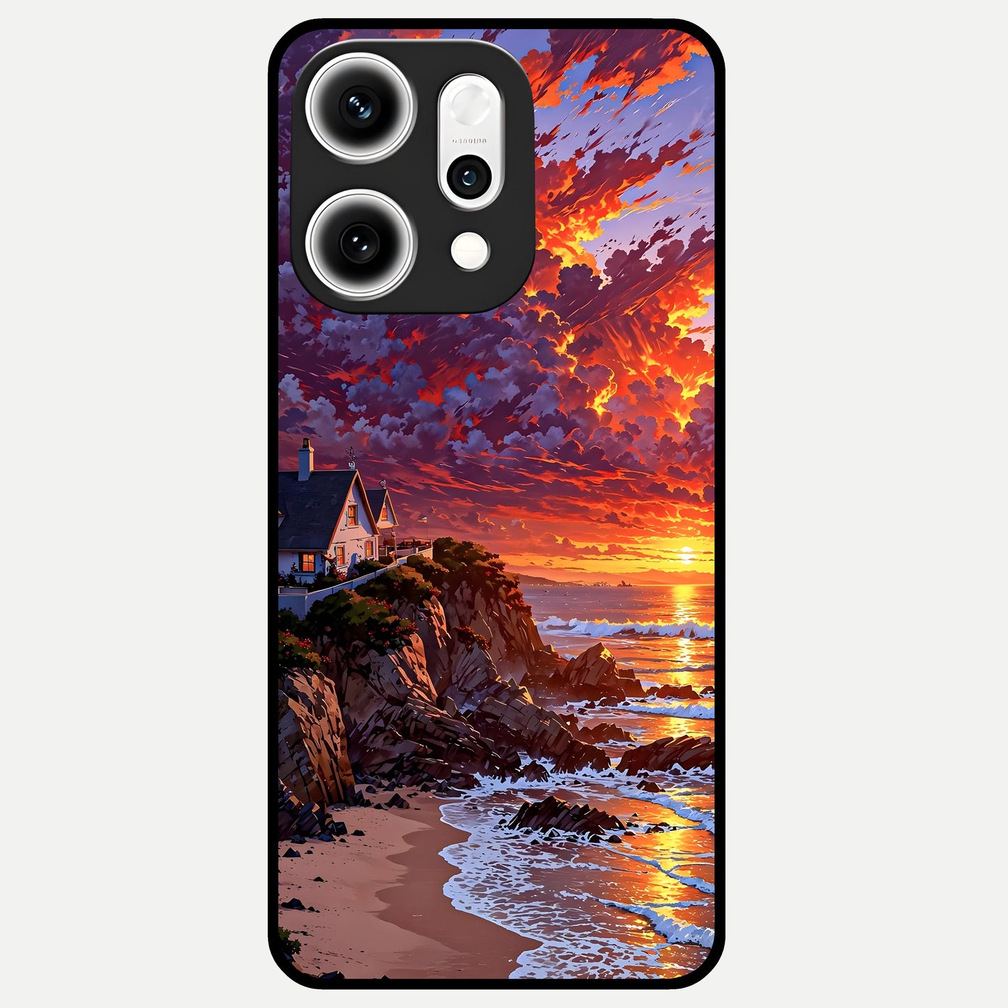  Sunset House By Sea Glass Case For Oppo Reno 14 Pro back cover – full design glossy printed glass finish