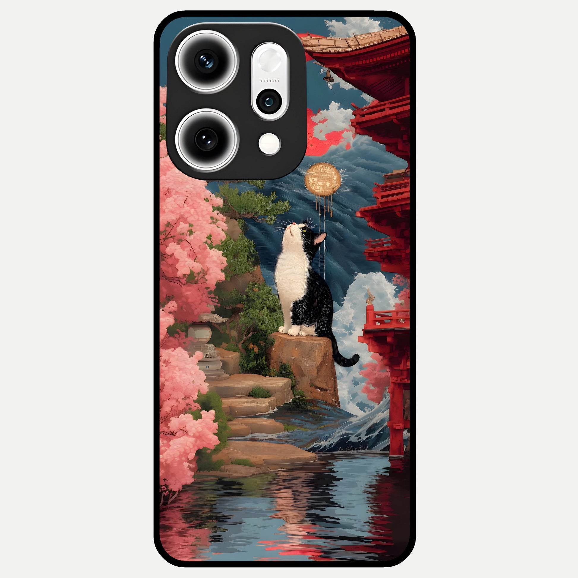  Temple Cat Scenery Glass Case For Oppo Reno 14 Pro back cover – full design glossy printed glass finish