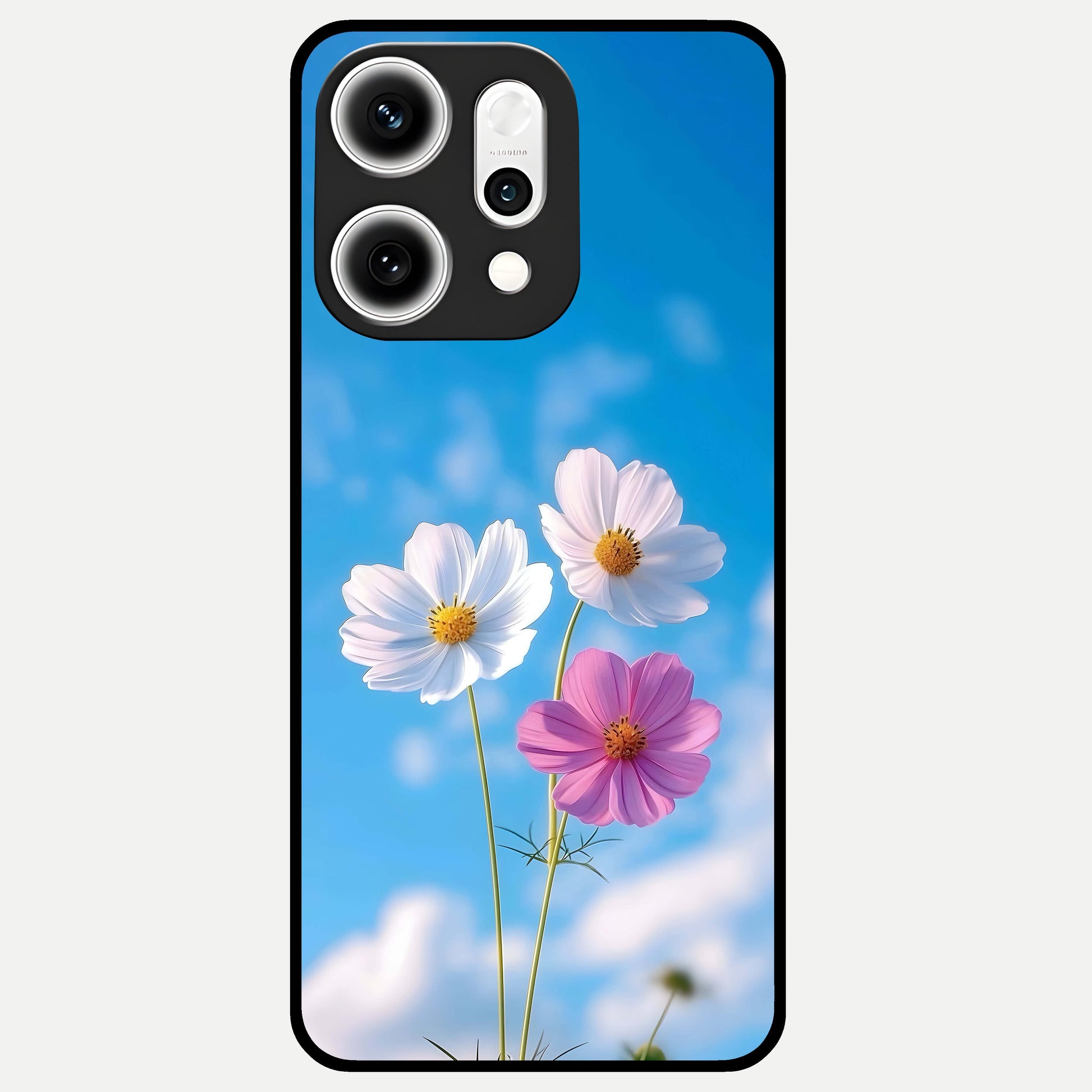  Tripple Flowers With Sky Glass Case For Oppo Reno 14 Pro back cover – full design glossy printed glass finish