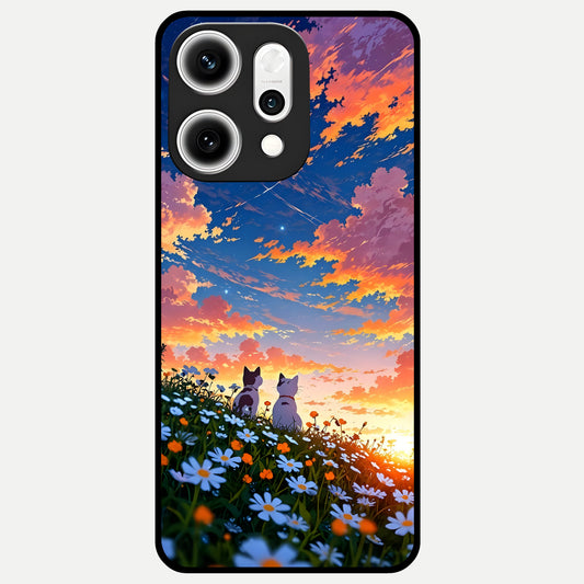  Two Cats Friends Glass Case For Oppo Reno 14 Pro back cover – full design glossy printed glass finish