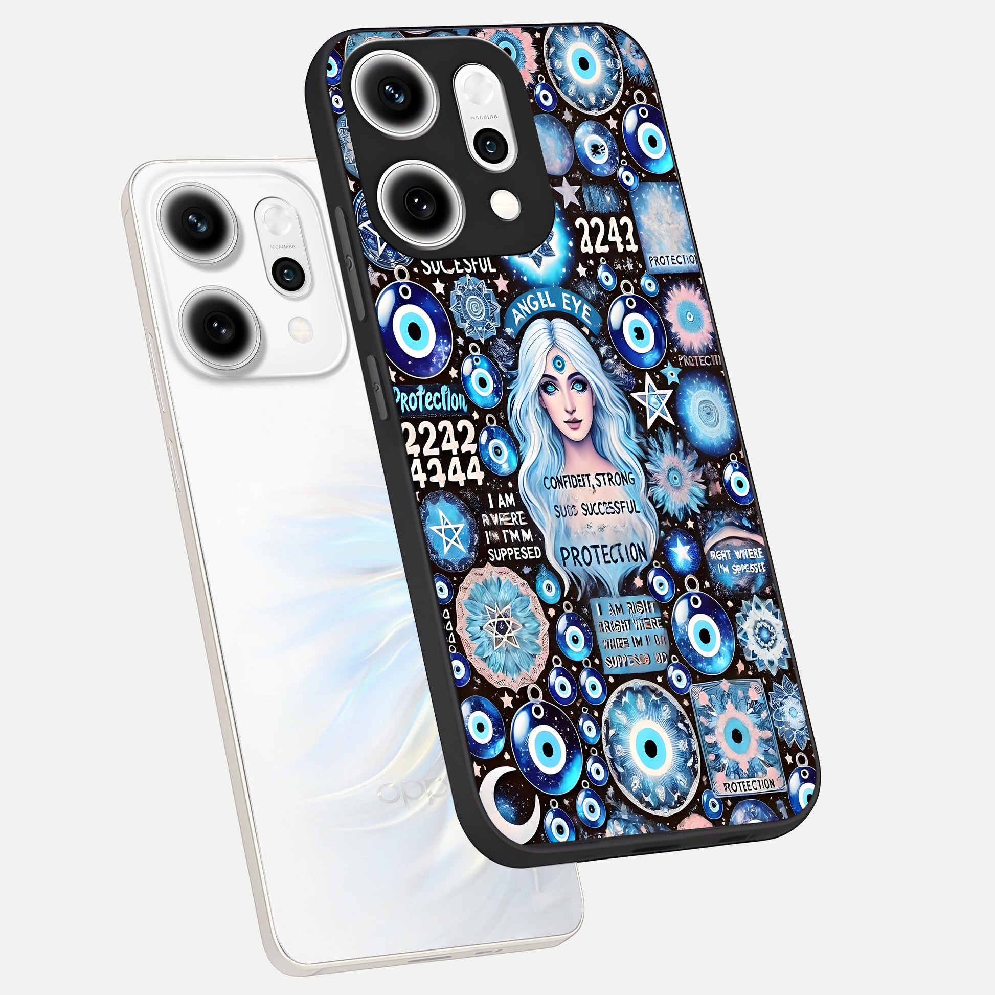  Angel Aura Shield phone case For Oppo Reno 14 Pro showing premium glass back cover with detailed artwork