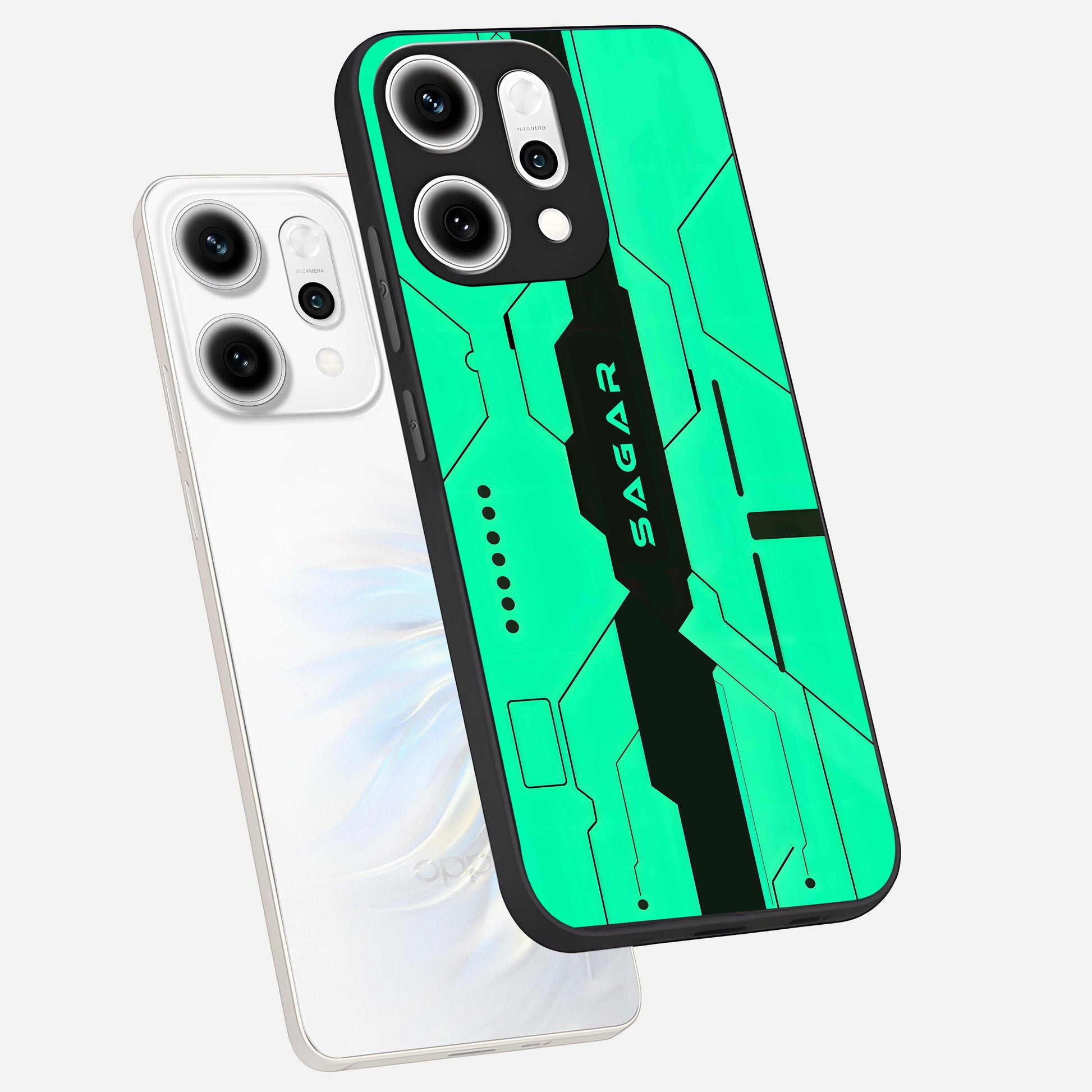  Aqua Tech CYBERPUNK Custom Name phone case For Oppo Reno 14 Pro showing premium glass back cover with detailed artwork