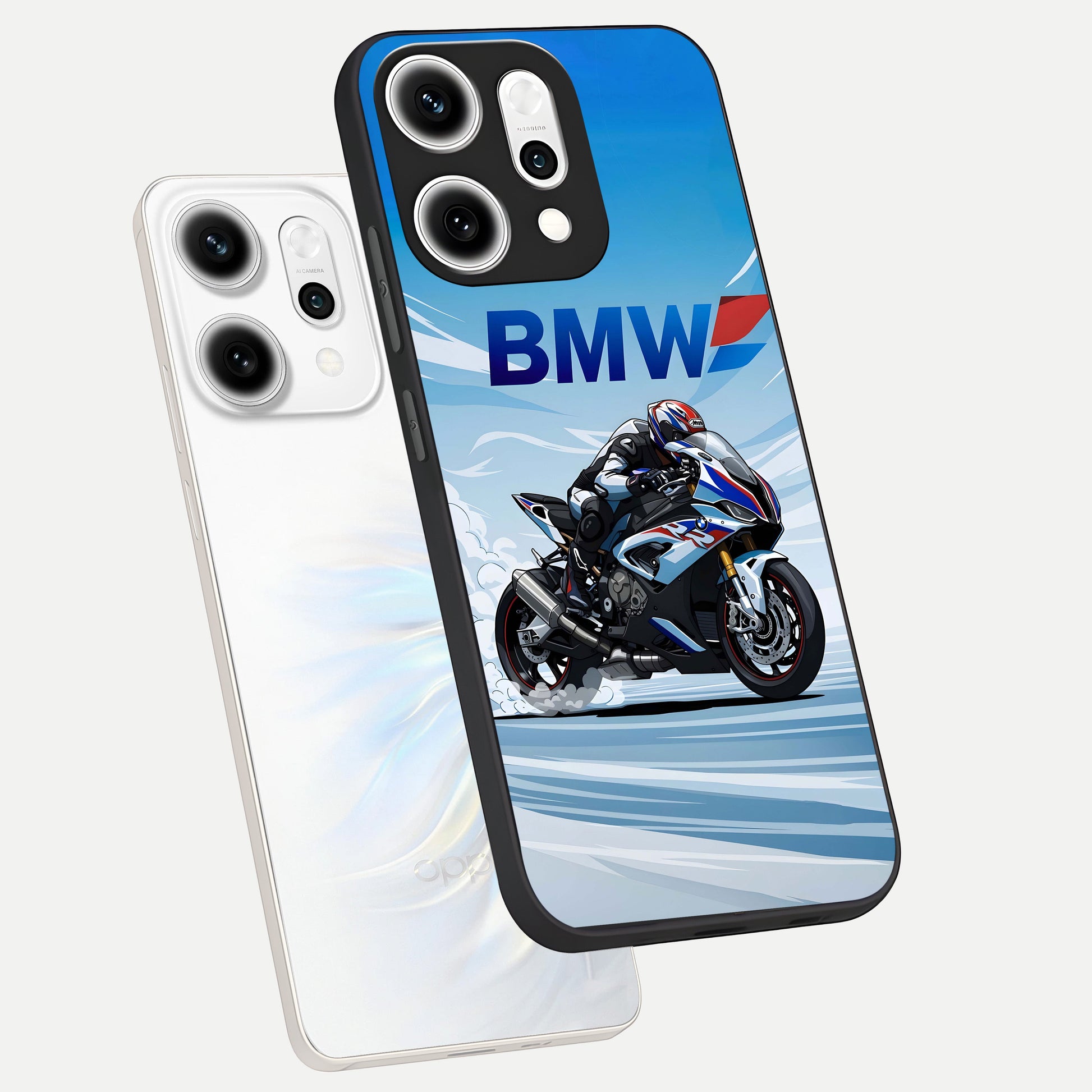  BMW Power Drift phone case For Oppo Reno 14 Pro showing premium glass back cover with detailed artwork
