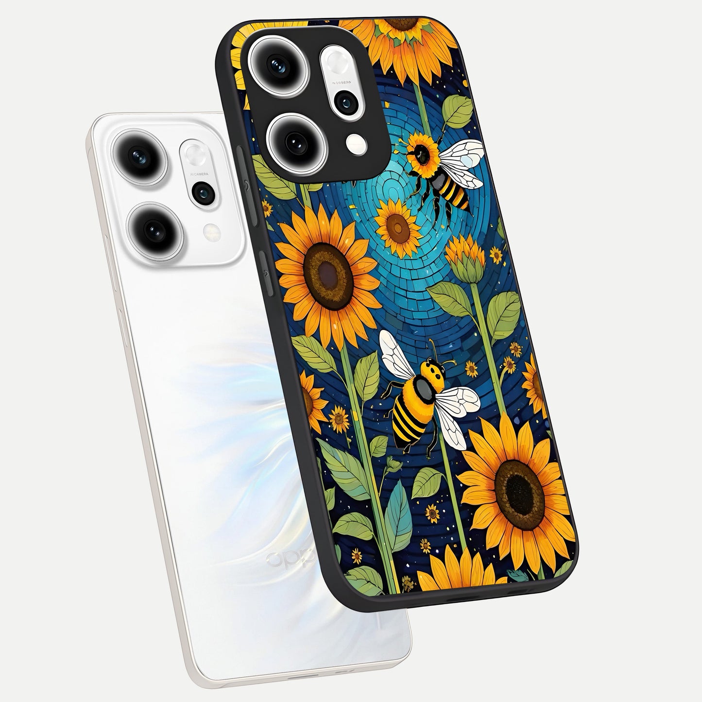  Bees And Sunflowers phone case For Oppo Reno 14 Pro showing premium glass back cover with detailed artwork