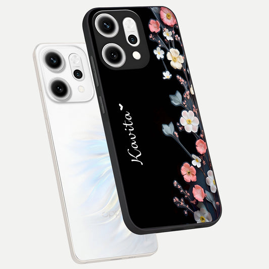  Black Elegance Floral Custom Name phone case For Oppo Reno 14 Pro showing premium glass back cover with detailed artwork