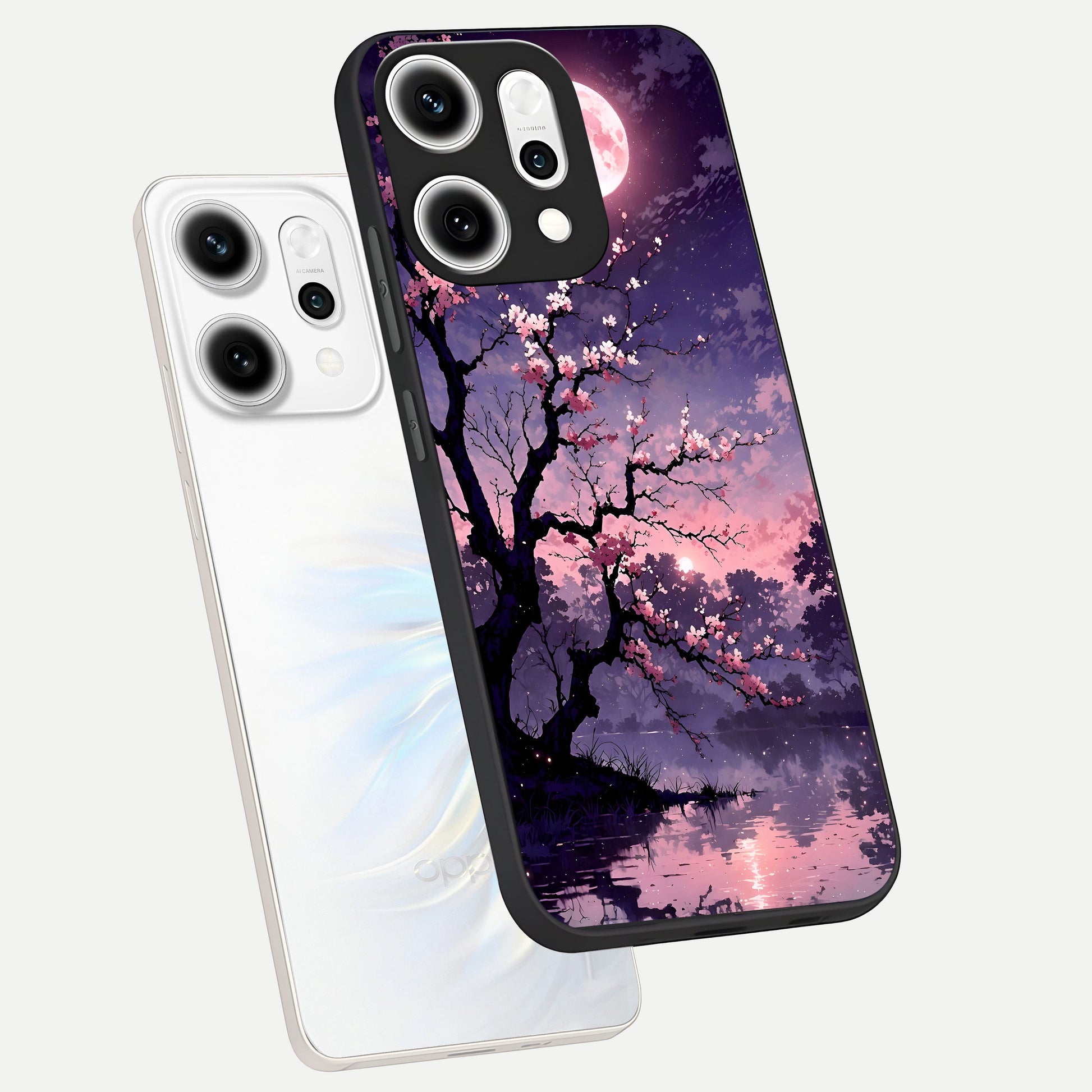  Blossom Pink Moon phone case For Oppo Reno 14 Pro showing premium glass back cover with detailed artwork
