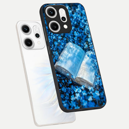  Blue Bloom Tales phone case For Oppo Reno 14 Pro showing premium glass back cover with detailed artwork