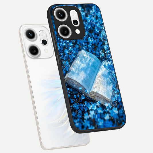 Blue Bloom Tales phone case For Oppo Reno 14 Pro showing premium glass back cover with detailed artwork