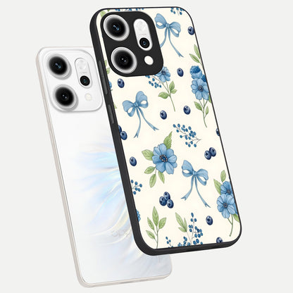  Blue Flower And Bow phone case For Oppo Reno 14 Pro showing premium glass back cover with detailed artwork