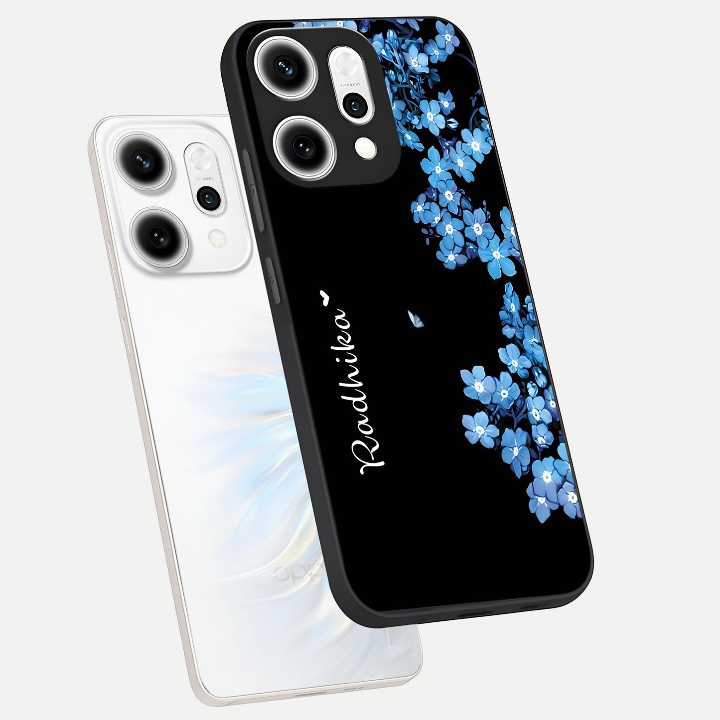  Blue Petal Dream Custom Name phone case For Oppo Reno 14 Pro showing premium glass back cover with detailed artwork