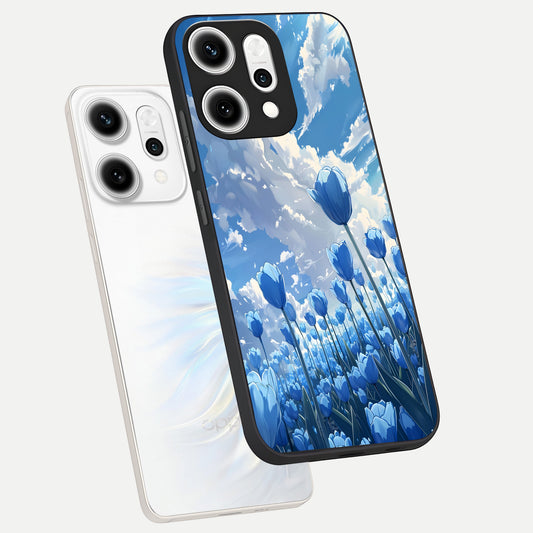  Blue Tulip Clouds phone case For Oppo Reno 14 Pro showing premium glass back cover with detailed artwork