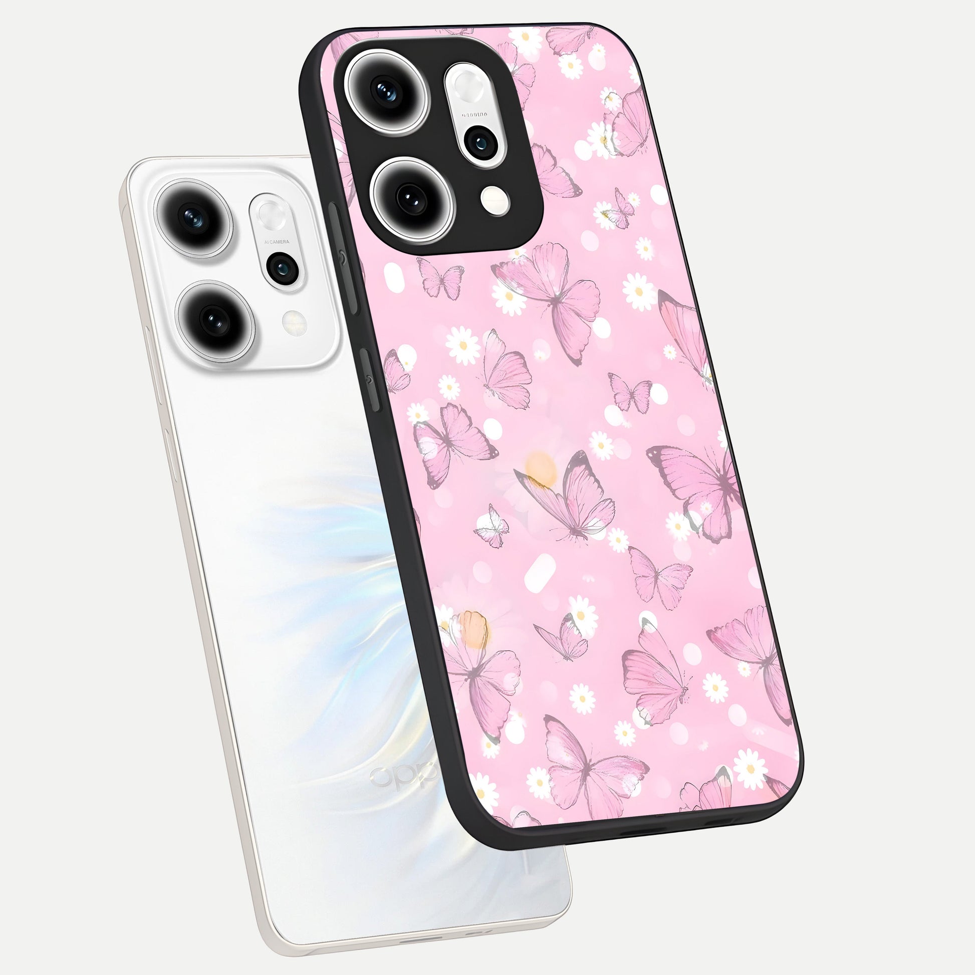  Blush Butterfly Garden phone case For Oppo Reno 14 Pro showing premium glass back cover with detailed artwork