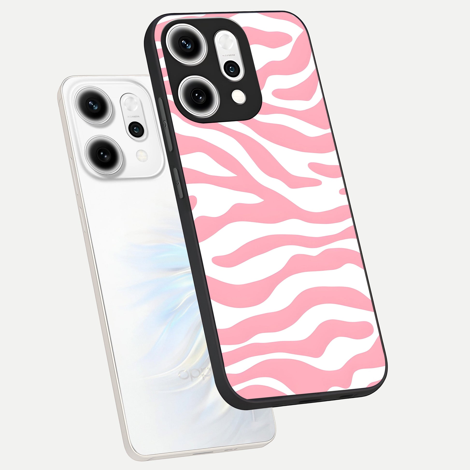  Blush Zebra Flow phone case For Oppo Reno 14 Pro showing premium glass back cover with detailed artwork