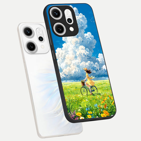  Breezy Meadow Ride phone case For Oppo Reno 14 Pro showing premium glass back cover with detailed artwork