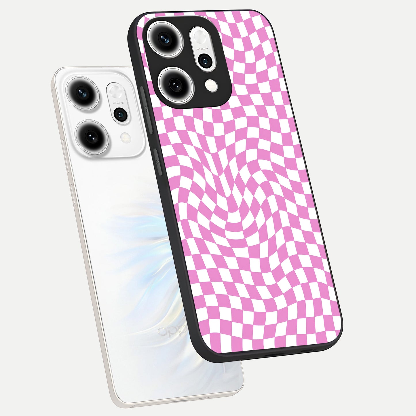  Bubblegum Check Wave phone case For Oppo Reno 14 Pro showing premium glass back cover with detailed artwork