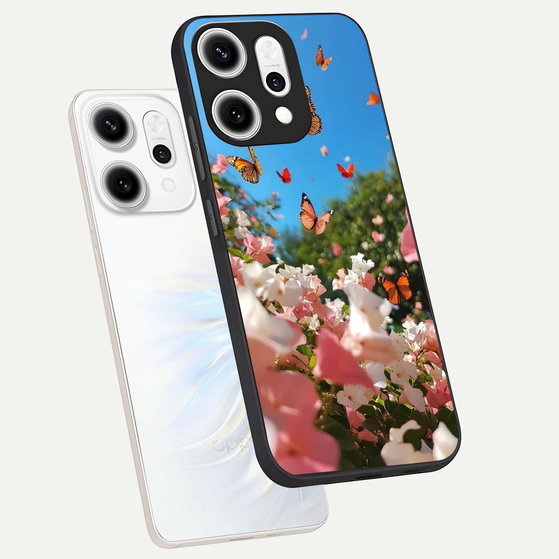  Butterflies In Bloom Sky phone case For Oppo Reno 14 Pro showing premium glass back cover with detailed artwork