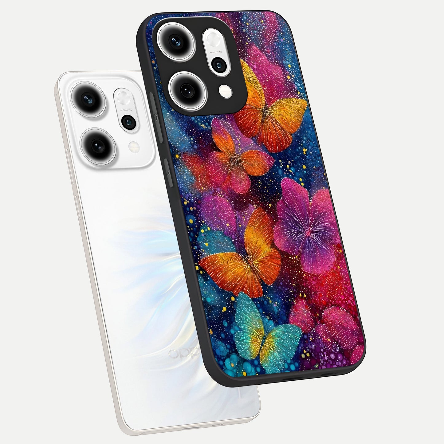  Butterfly Dream Mist phone case For Oppo Reno 14 Pro showing premium glass back cover with detailed artwork