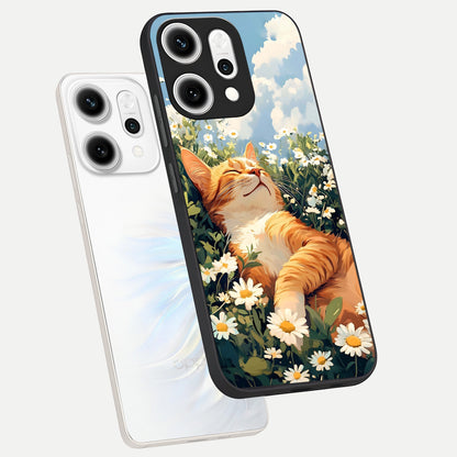  Cat And Flowers View phone case For Oppo Reno 14 Pro showing premium glass back cover with detailed artwork