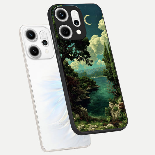  Celestial Lake Peace phone case For Oppo Reno 14 Pro showing premium glass back cover with detailed artwork