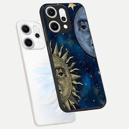  Celestial Moon With Sun phone case For Oppo Reno 14 Pro showing premium glass back cover with detailed artwork