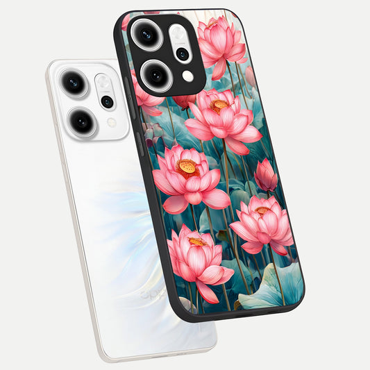  Celestial Pink Lotus phone case For Oppo Reno 14 Pro showing premium glass back cover with detailed artwork
