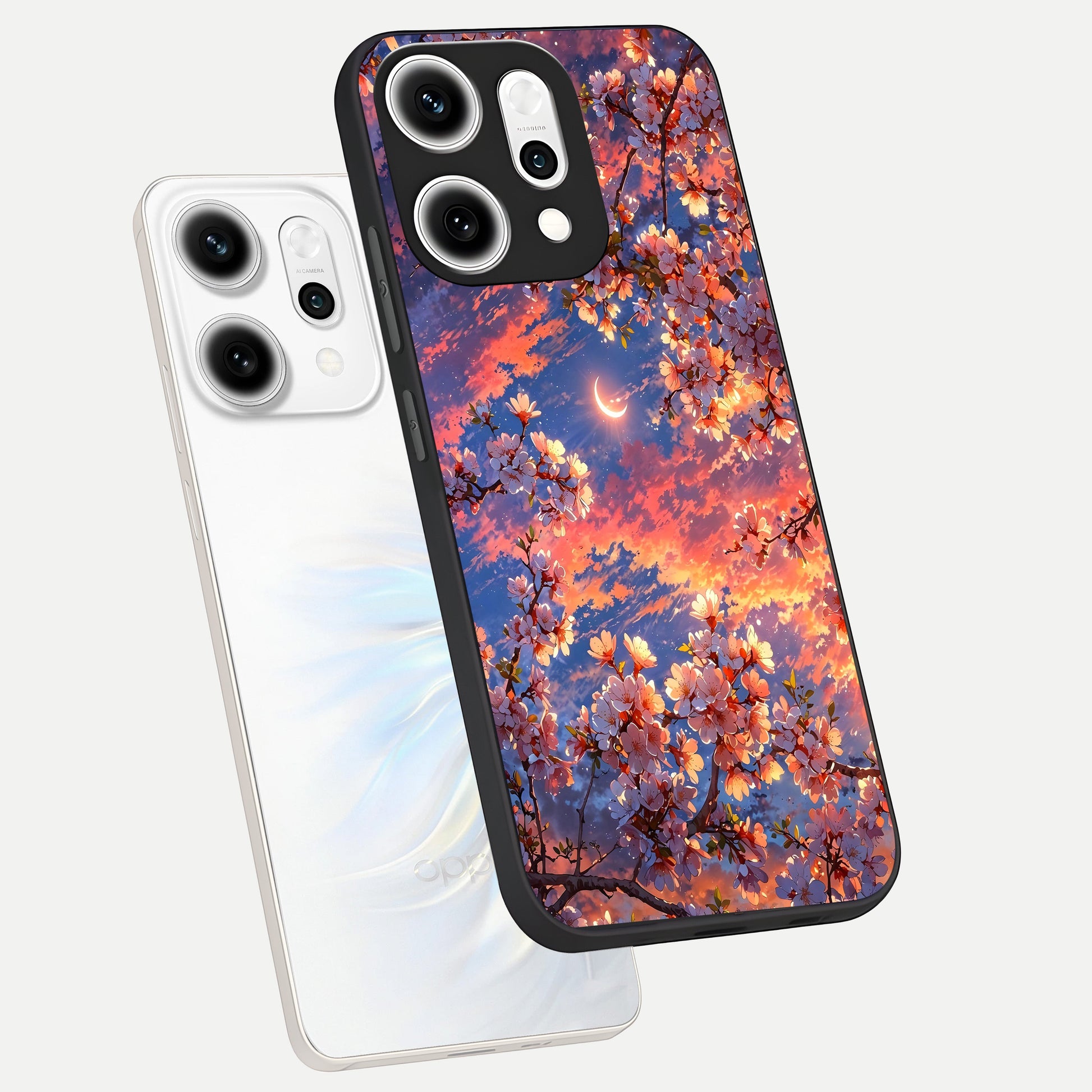  Celestial Sakura Sunset phone case For Oppo Reno 14 Pro showing premium glass back cover with detailed artwork