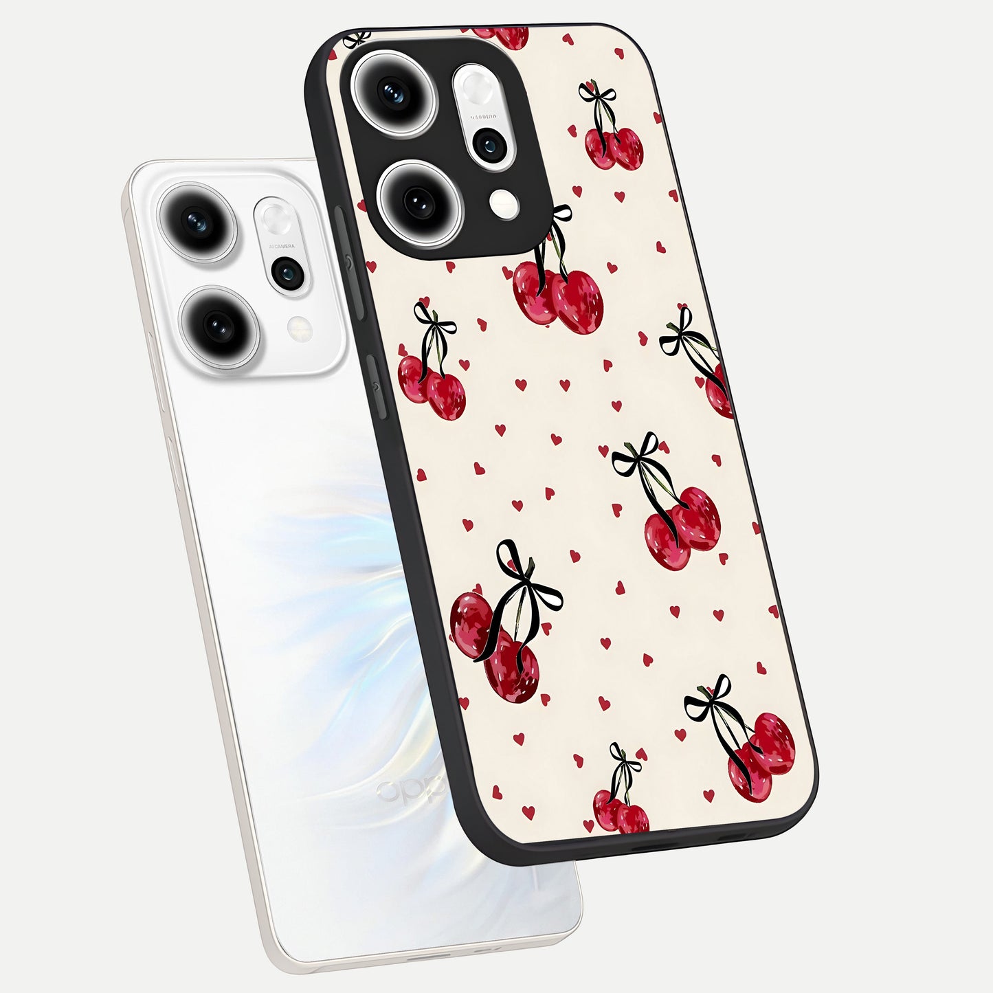  Cherry Heart Bow phone case For Oppo Reno 14 Pro showing premium glass back cover with detailed artwork