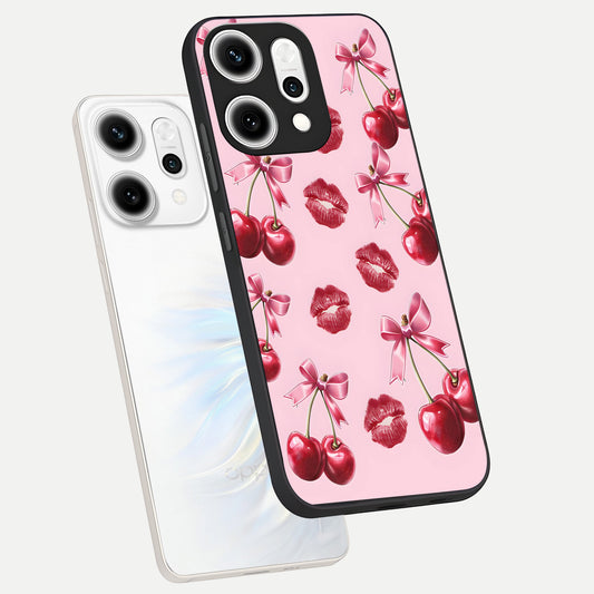  Cherry With Lips phone case For Oppo Reno 14 Pro showing premium glass back cover with detailed artwork