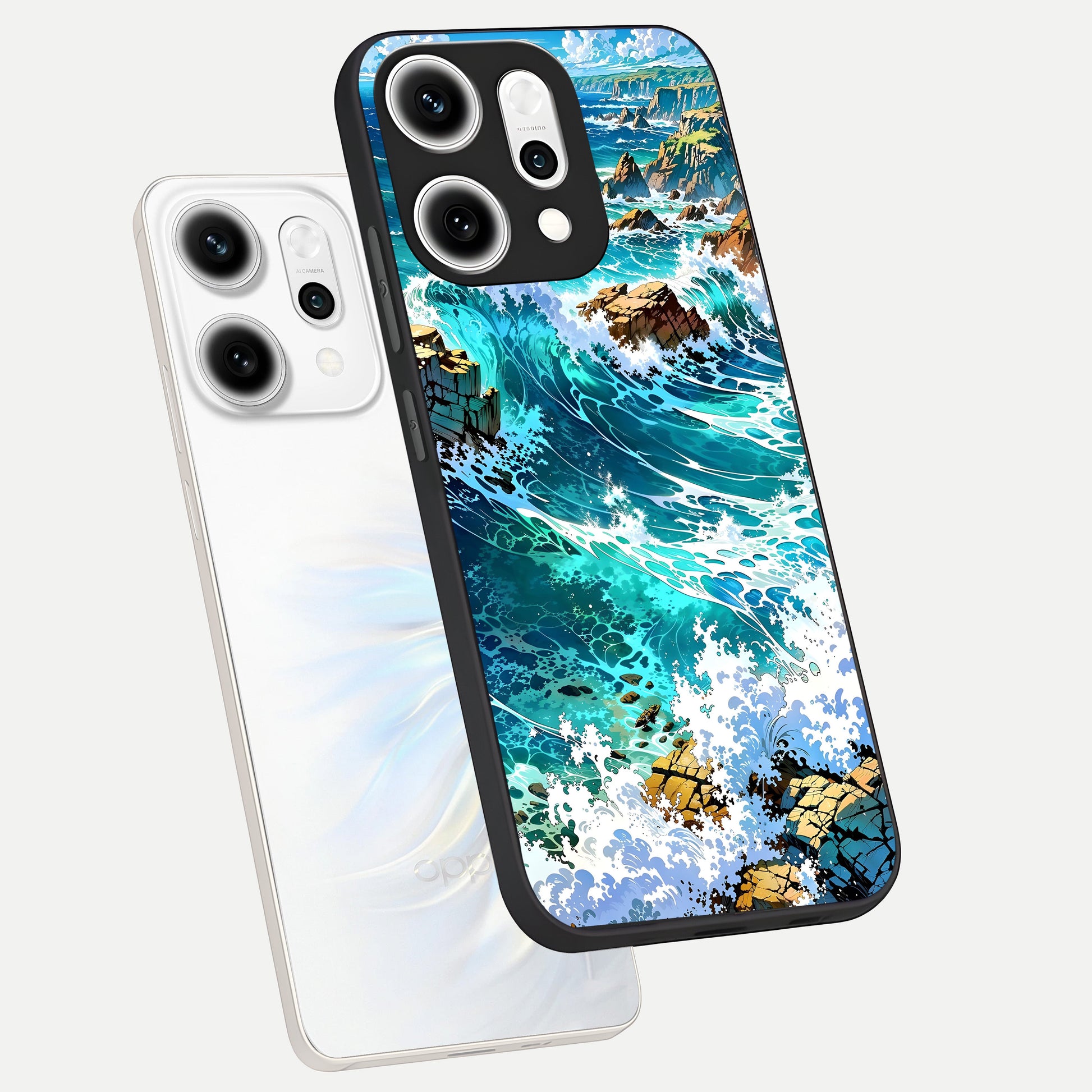  Coastal Blue Waves phone case For Oppo Reno 14 Pro showing premium glass back cover with detailed artwork