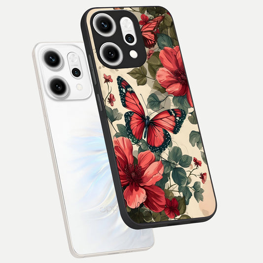  Crimson Butterfly Garden phone case For Oppo Reno 14 Pro showing premium glass back cover with detailed artwork