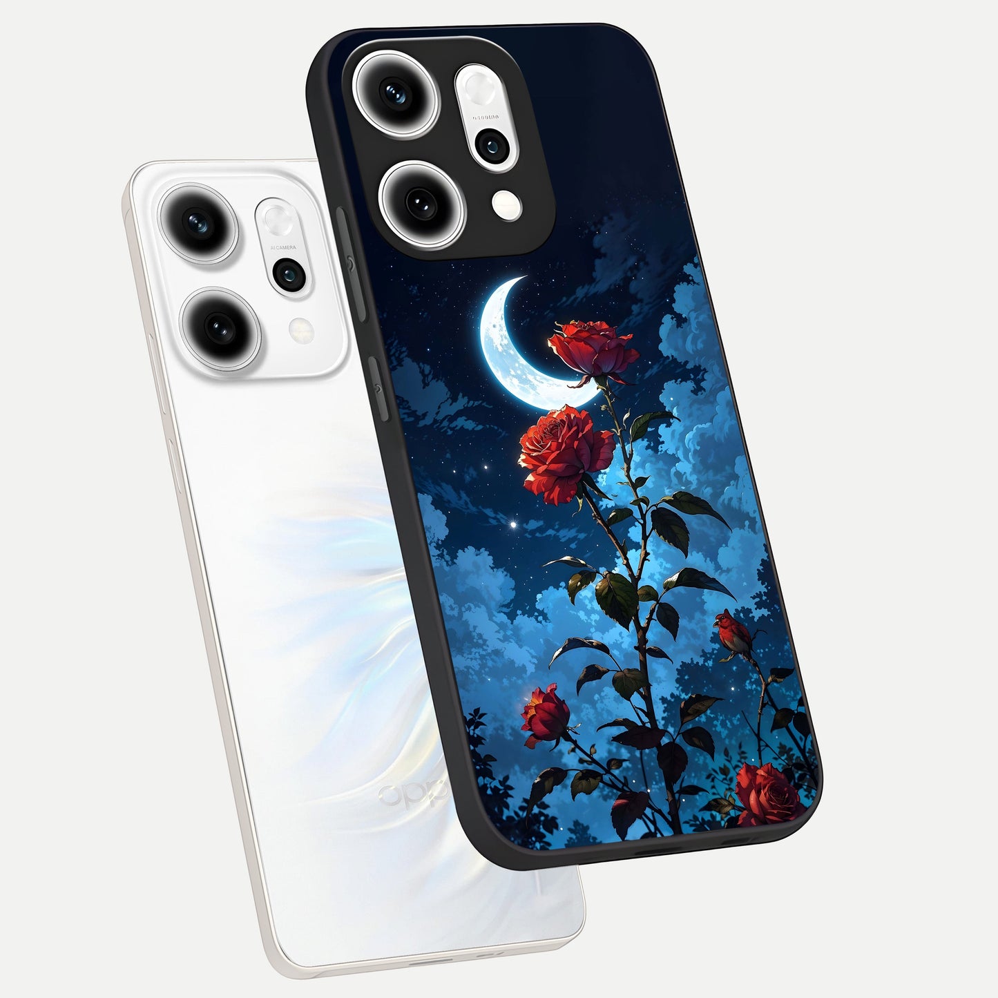  Crimson Rose Moon phone case For Oppo Reno 14 Pro showing premium glass back cover with detailed artwork
