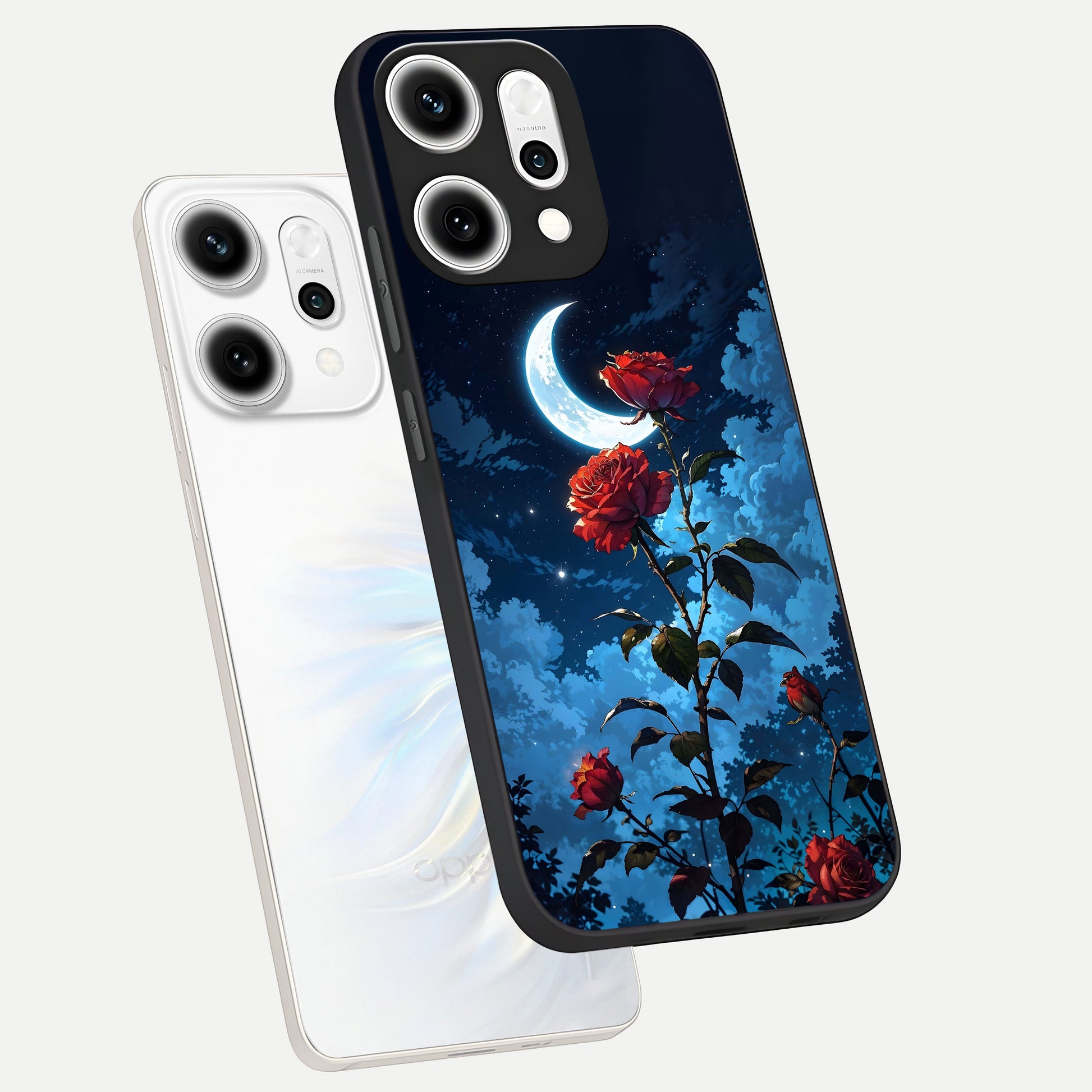 Crimson Rose Moon phone case For Oppo Reno 14 Pro showing premium glass back cover with detailed artwork