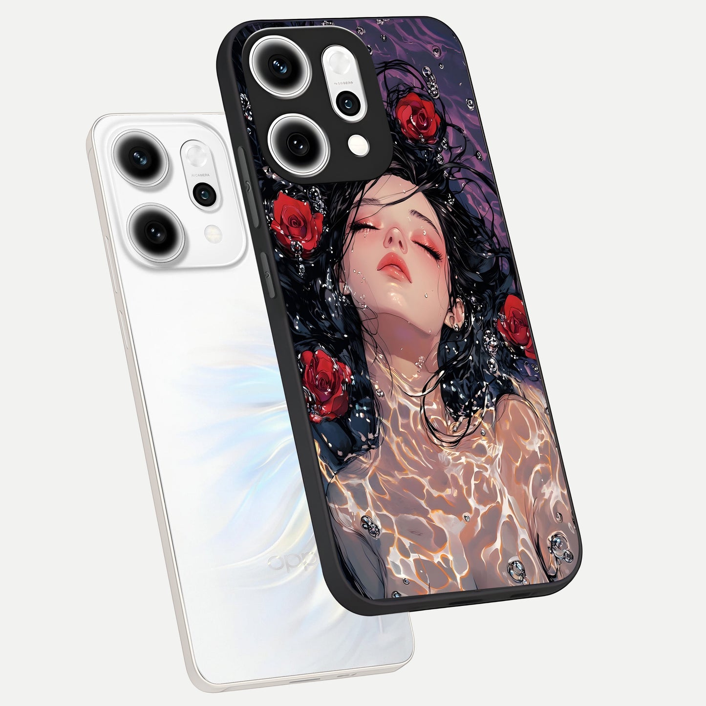  Crimson Rose Serenity phone case For Oppo Reno 14 Pro showing premium glass back cover with detailed artwork