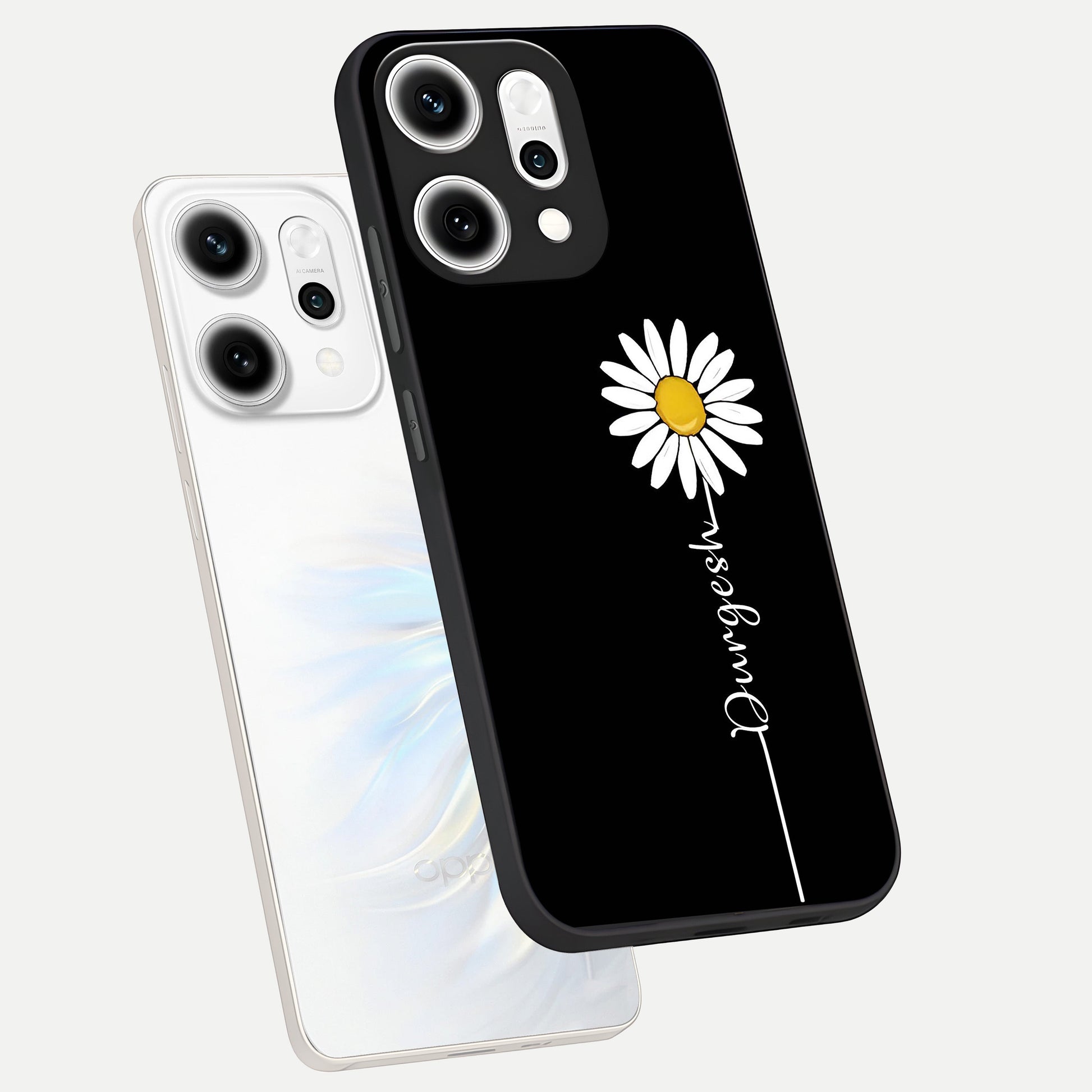  Custom Name White Flower phone case For Oppo Reno 14 Pro showing premium glass back cover with detailed artwork