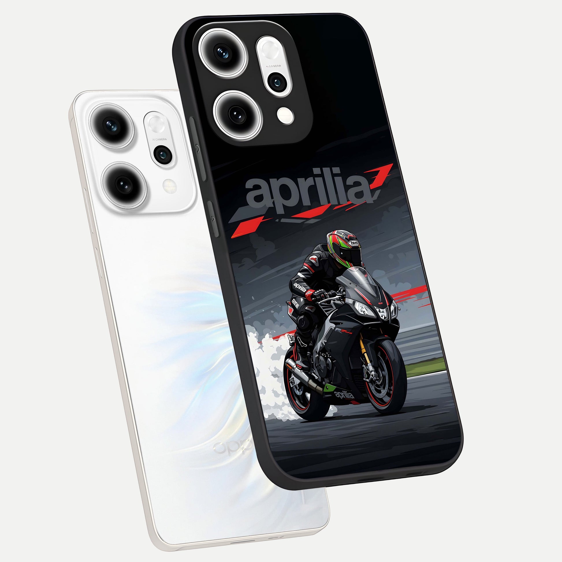  Dark Aprilla phone case For Oppo Reno 14 Pro showing premium glass back cover with detailed artwork