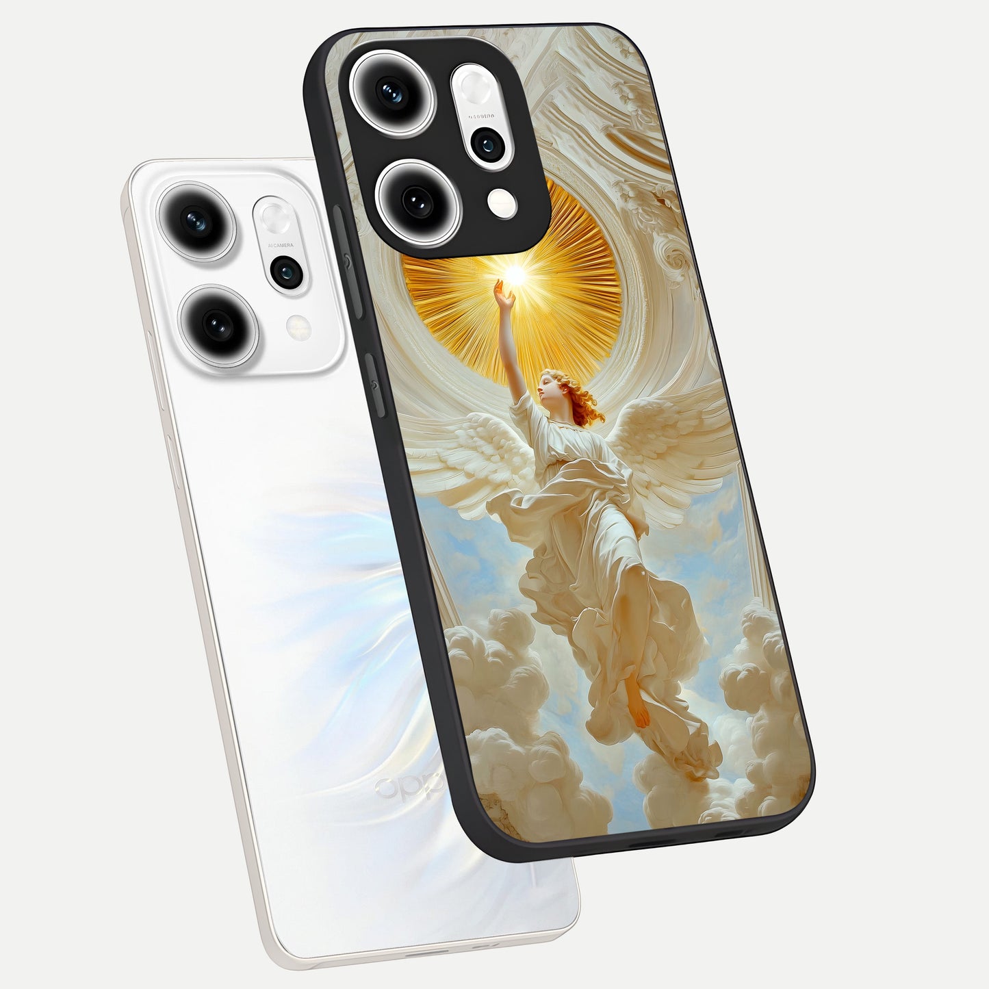  Divine Light Angel phone case For Oppo Reno 14 Pro showing premium glass back cover with detailed artwork