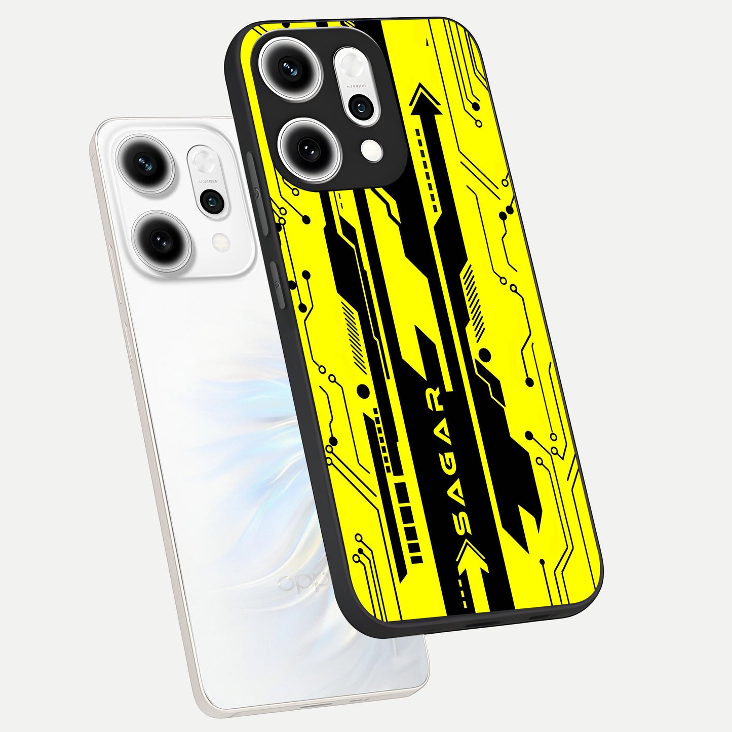  Electric Pulse CYBERPUNK Custom Name phone case For Oppo Reno 14 Pro showing premium glass back cover with detailed artwork