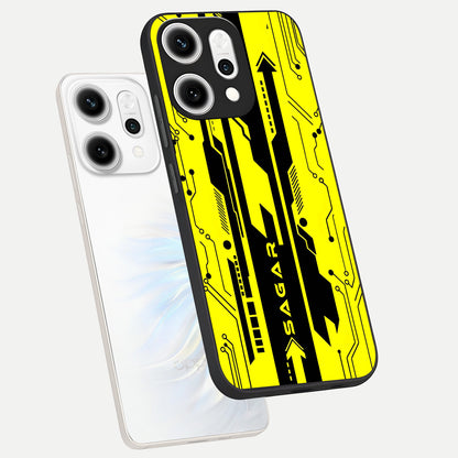  Electric Pulse CYBERPUNK Custom Name phone case For Oppo Reno 14 Pro showing premium glass back cover with detailed artwork