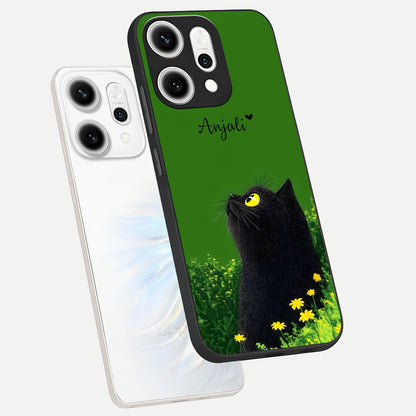 Emerald Cat Custom Name phone case For Oppo Reno 14 Pro showing premium glass back cover with detailed artwork