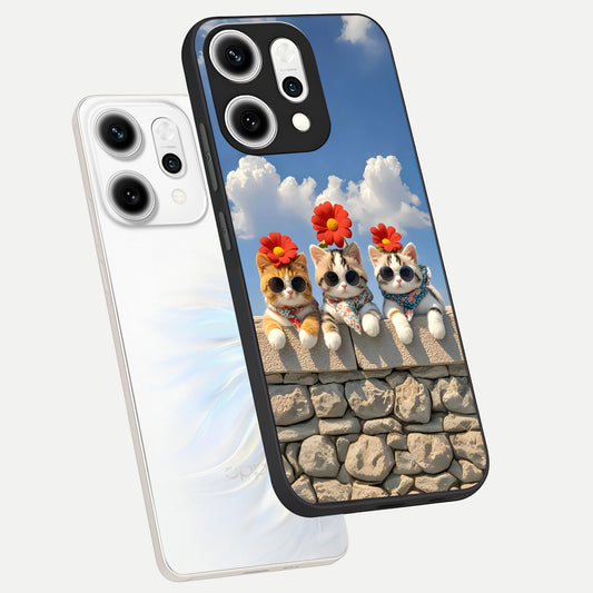  Floral Kitty Squad phone case For Oppo Reno 14 Pro showing premium glass back cover with detailed artwork