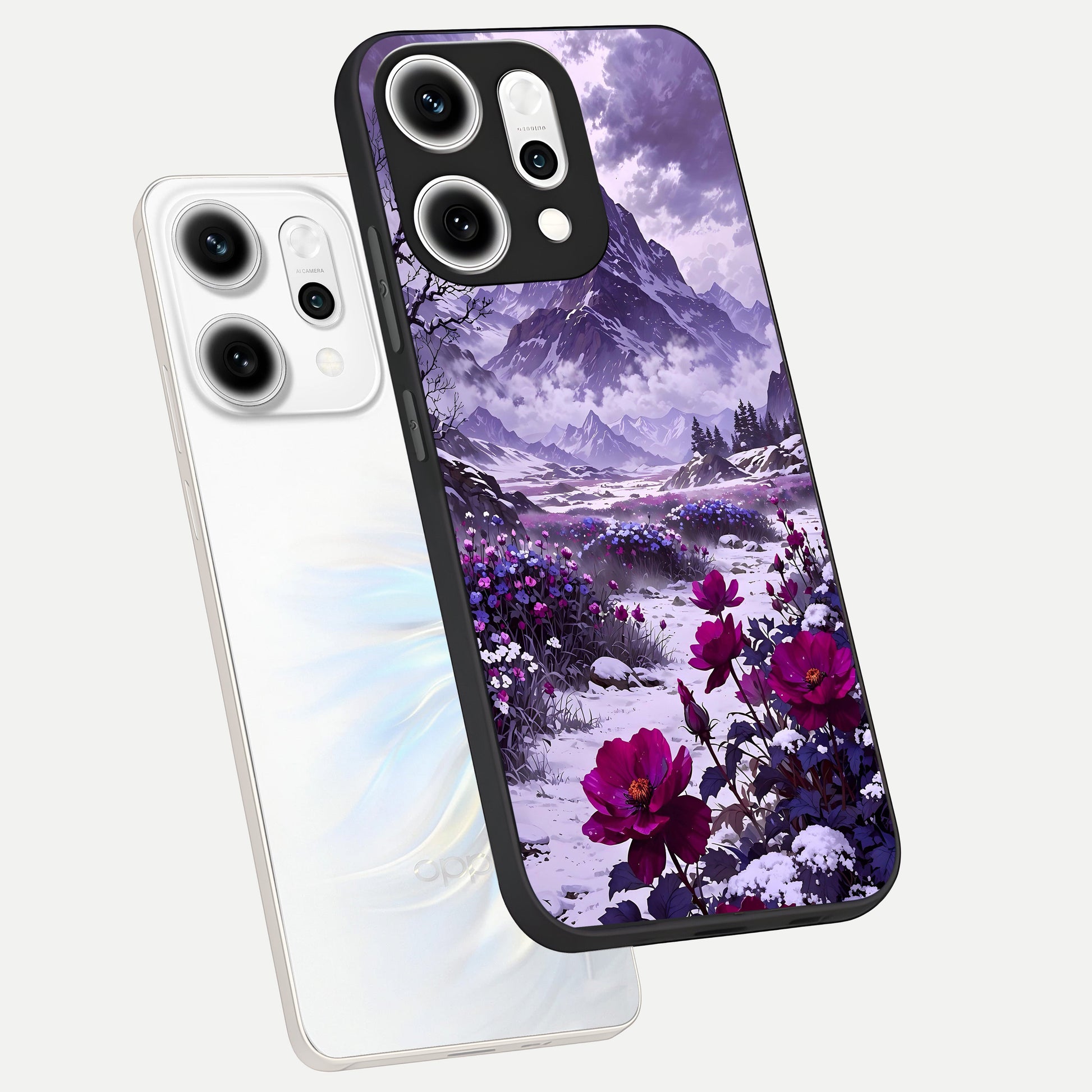  Flower Mountain View phone case For Oppo Reno 14 Pro showing premium glass back cover with detailed artwork